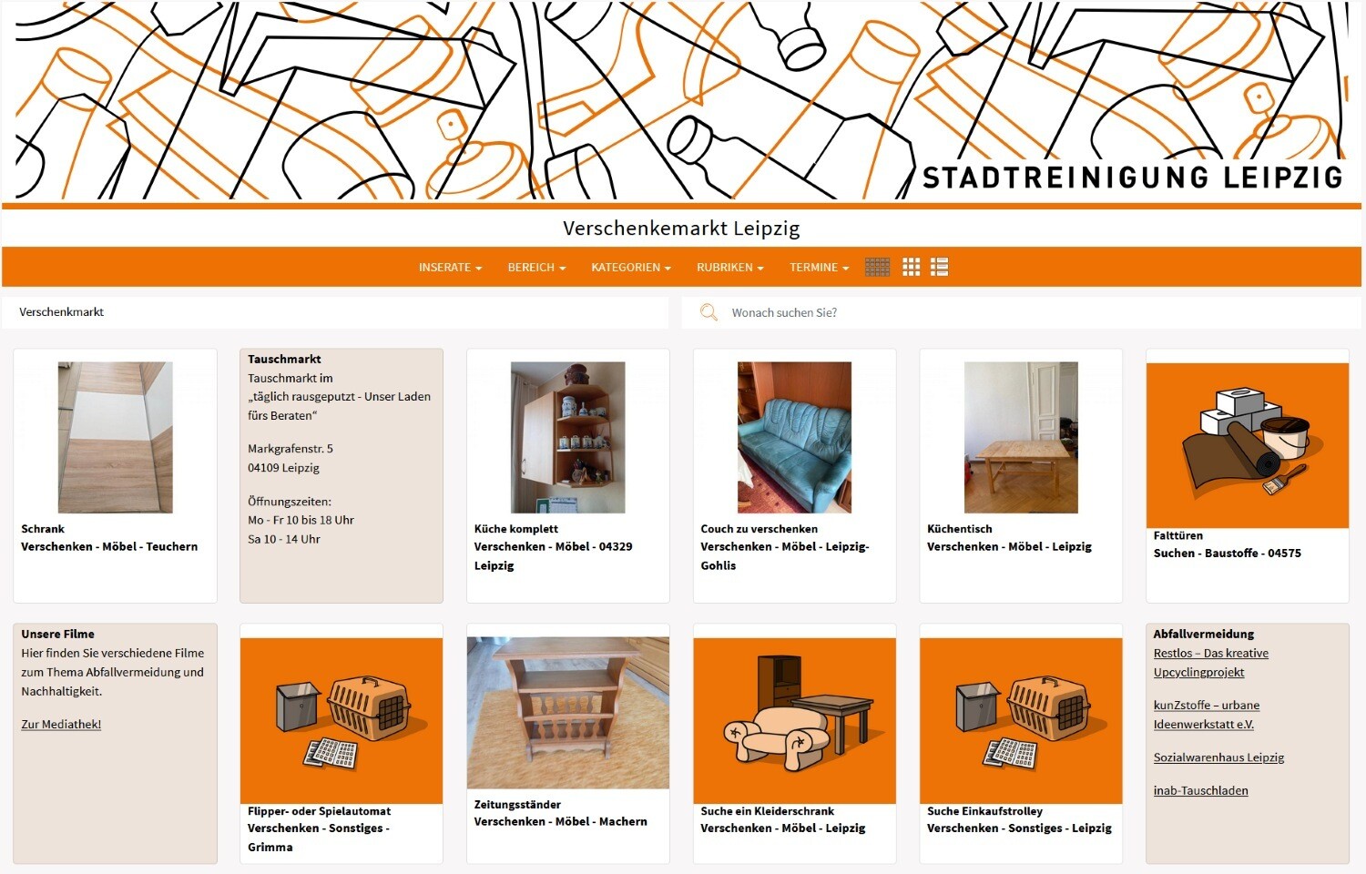 Ansicht der Website Verschenkemarkt Leipzig