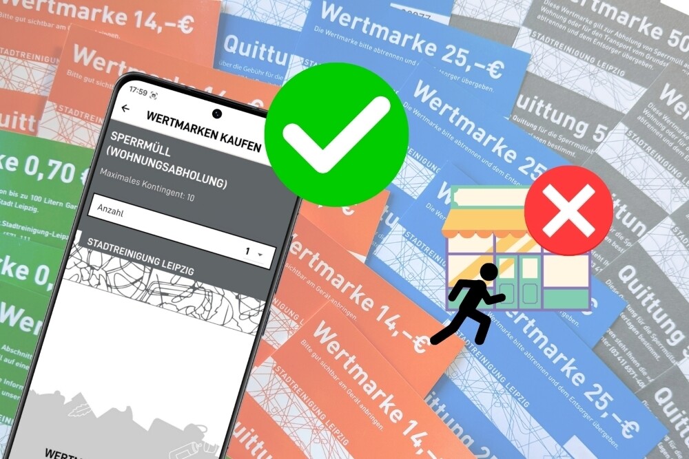 Ansicht der App der Stadtreinigung Leipzig mit einer Digitalen Wertmarke. Rechts oben ein gr&uuml;ner Haken. Weiter rechts ein Piktogramm eines Ladens, davor mit einem Strichm&auml;nnchen. Oben rechts ein rotes Kreuz. Im Hintergrund eine Ansicht von Papierwertmarken.