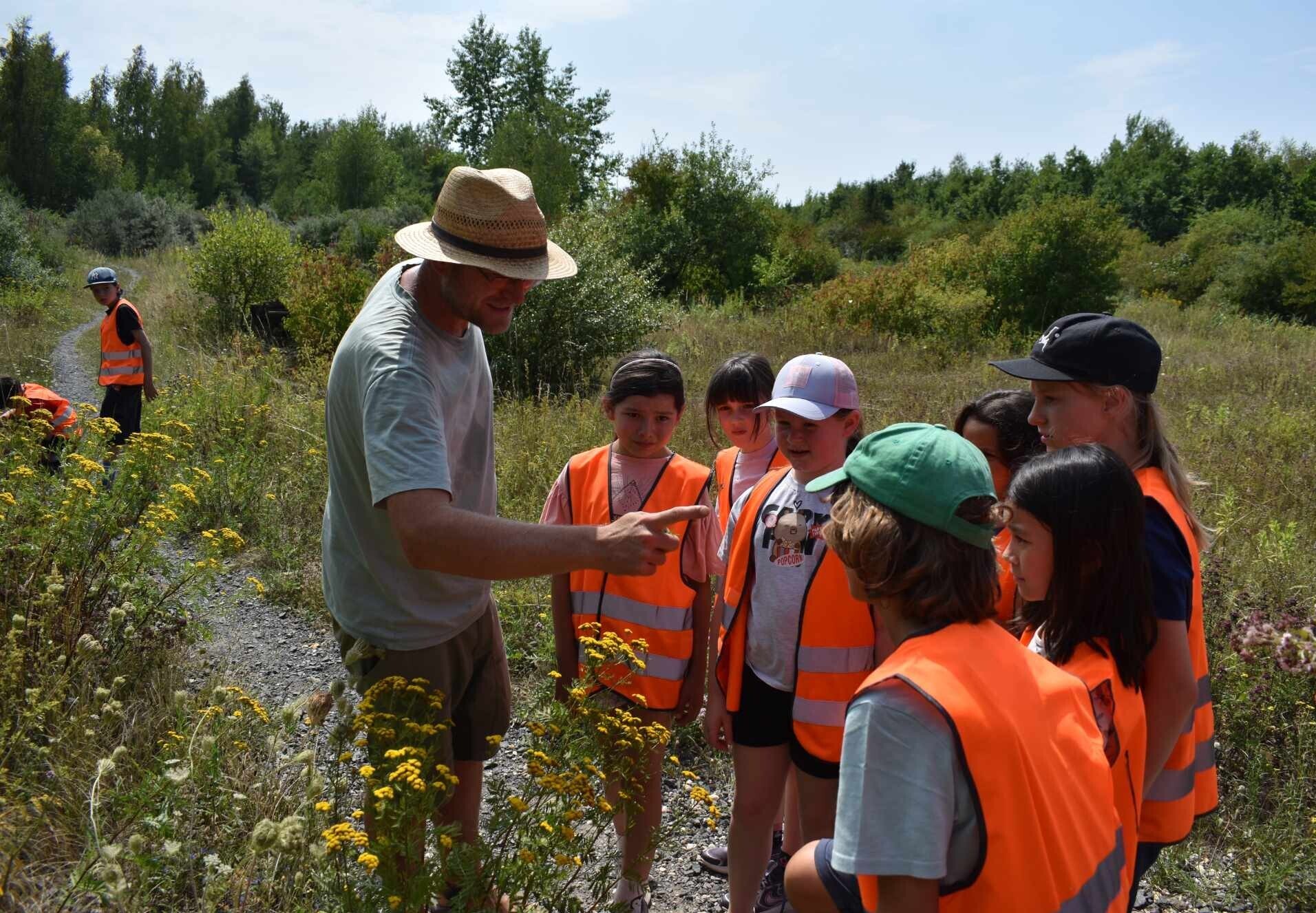 Ein Naturf&uuml;hrer zeigt einer Gruppe von Kindern in orangen Warnwesten ein kleines Tier auf seinem Finger.