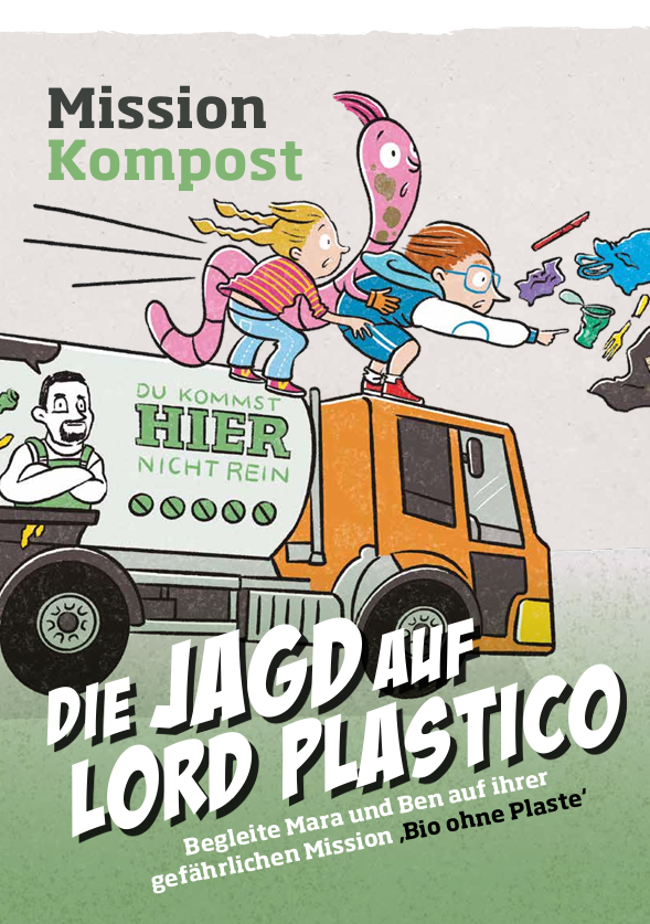 Auf einem Biotonnen-Abfallsammelfahrzeug stehen zwei Kinder und ein Wurm. Sie zeigen in einer actionreichen Situation auf Abfall, der nicht in die Biotonne geh&ouml;rt.
